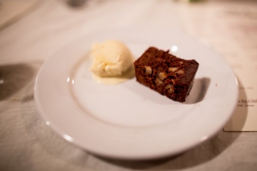 truffle brownie & vanilla ice cream - "chocolate-walnut brownie topped with chocolate-coffee ganache and vanilla ice cream"