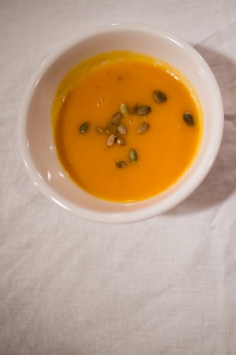 winter squash soup - "savory soup made from roasted winter squash and red pepper"