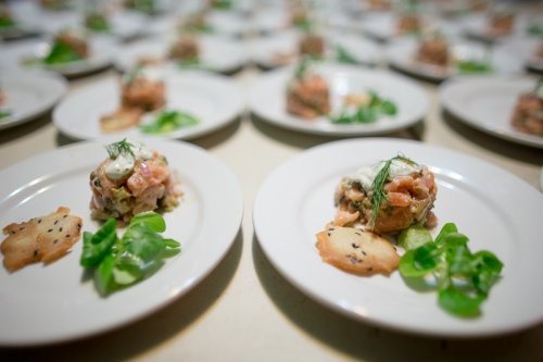 salmon tartare - "fresh and smoked salmon drizzled with dill creme fraiche and served with a savory tuile"