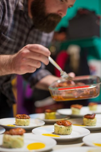 plating the Brandade Cake